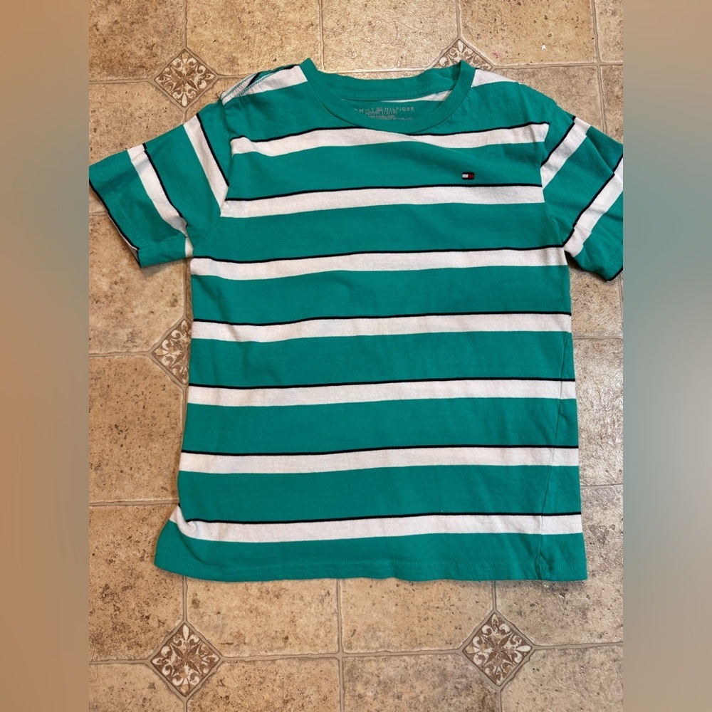 Boys Tommy Hilfiger White and Teal Striped Short Sleeve T-Shirt Size 12/14